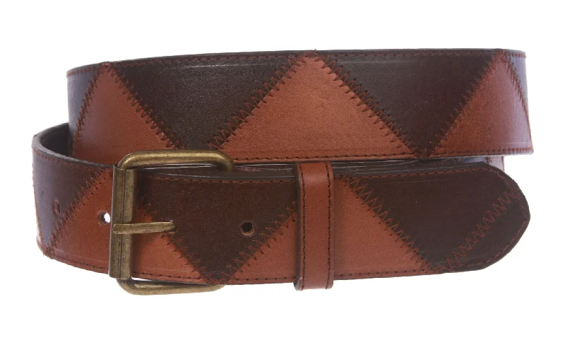 Elegant navy leather belt-Snap On Stitching Edged Brass Buckle Two Tone Brown Genuine Leather Belt