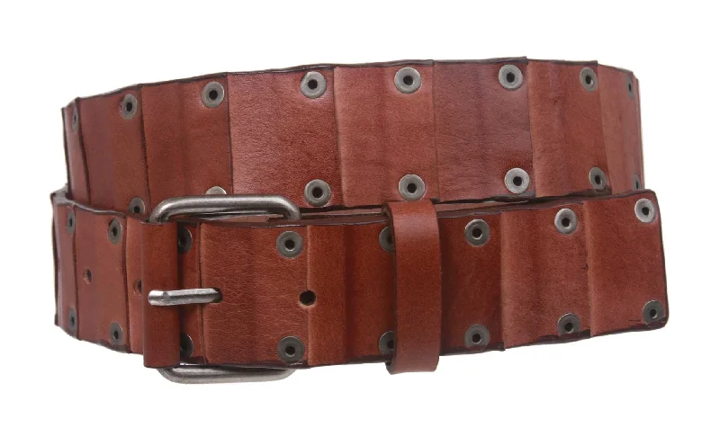 Rustic brown suede buckle-Snap On Oil-tanned Genuine Leather Studded Link Belt with Roller Buckle