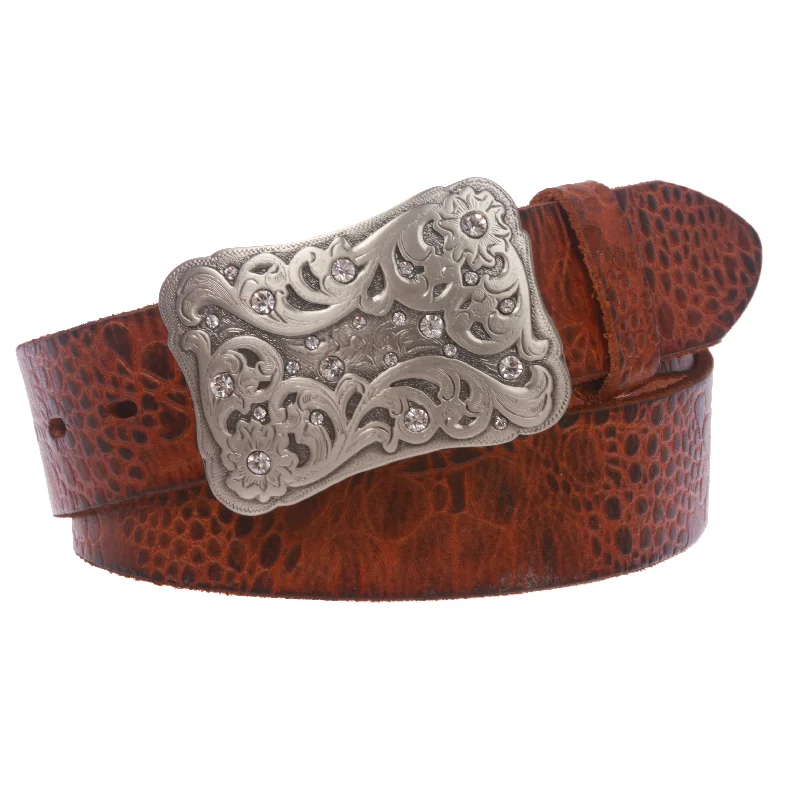 Slim leather tactical belt-Snap On 1 1/2" Vintage Full Grain Leather Belt with Rhinestone Flower Buckle