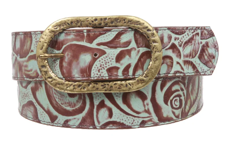 Contemporary elastic snakeskin belt-1 1/2 Inch Floral Engraving Leather Belt with oval buckle