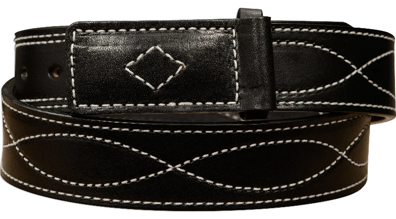 Handcrafted suede snakeskin belt-The Pit Boss: Black Figure 8 White Stitched Buckle-less Ball Hook 1.50"