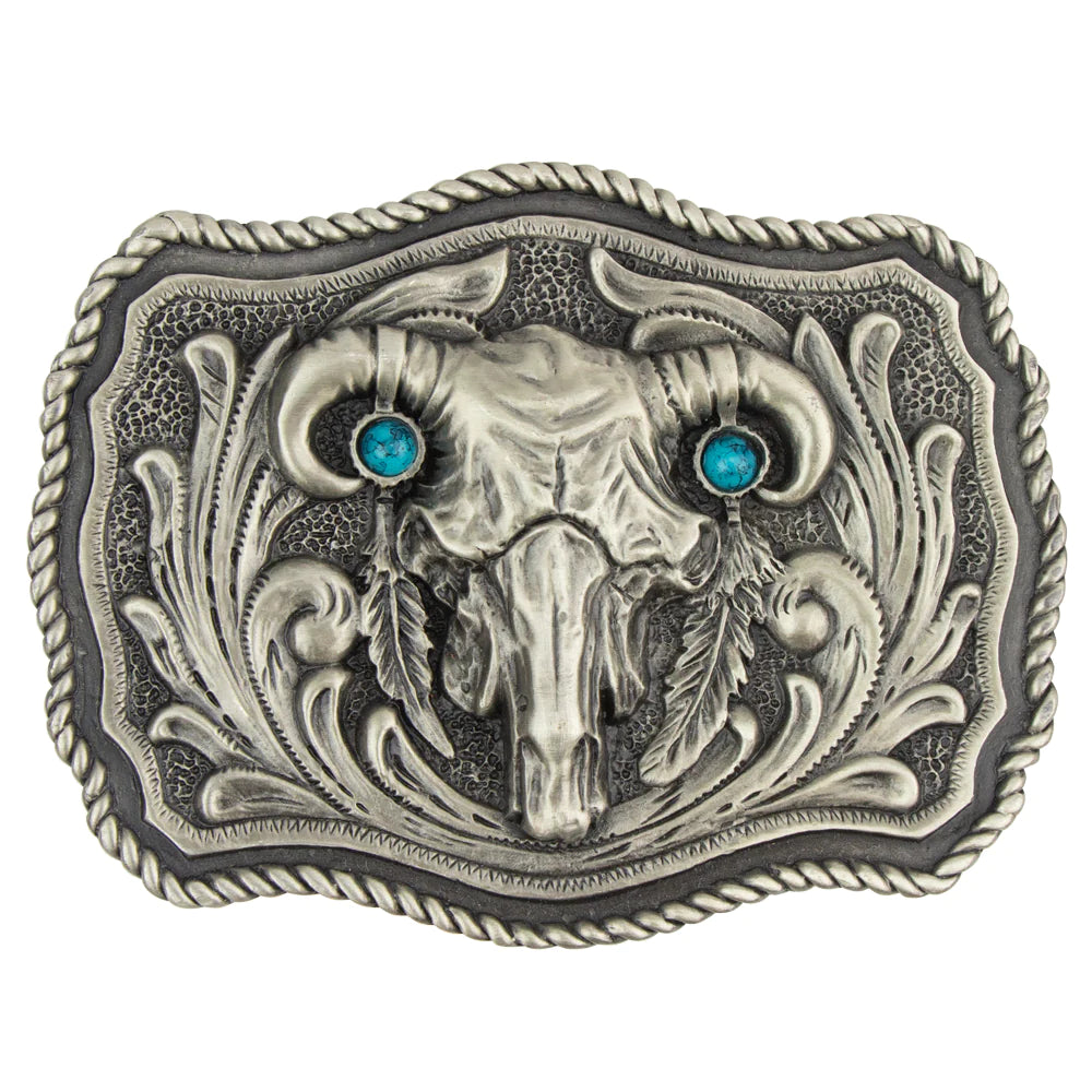 Minimalist beige suede buckle-Bull Skull with Turquoise Stones Trophy Belt Buckle