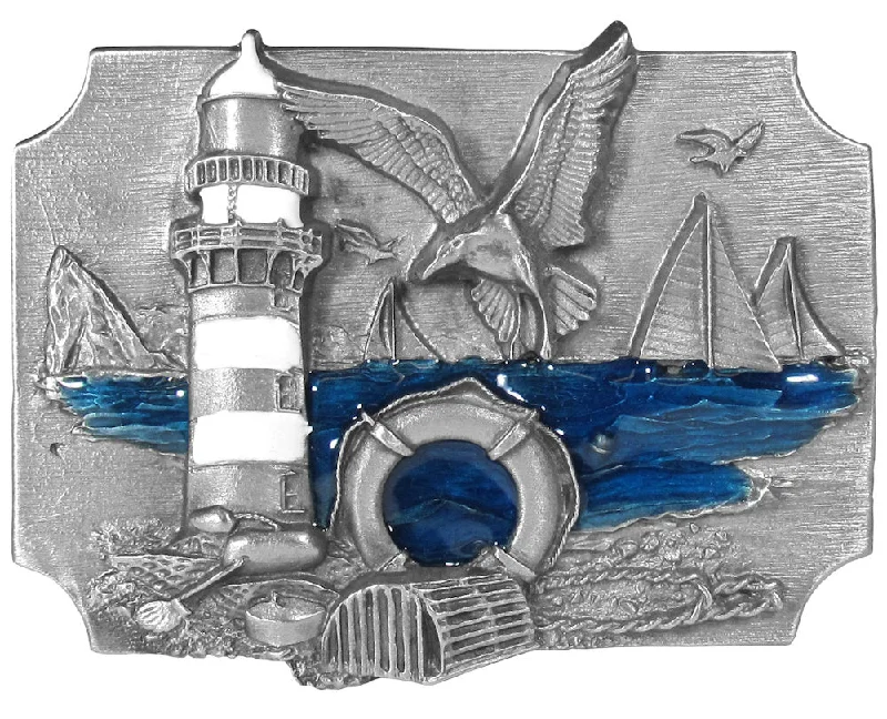 Unique vintage silver belt-Coastal Scene Lighthouse Belt Buckle