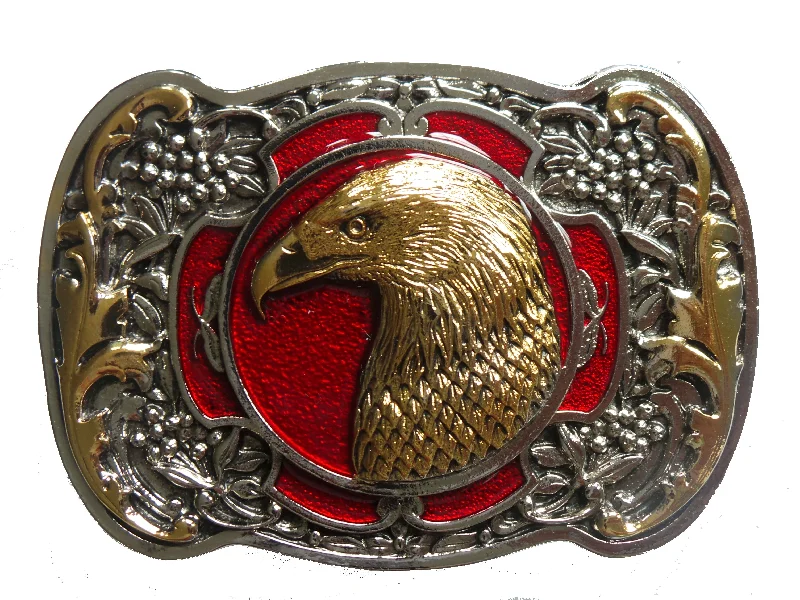 Handcrafted tan suede belt-Eagle Head Red Gold Belt Buckle