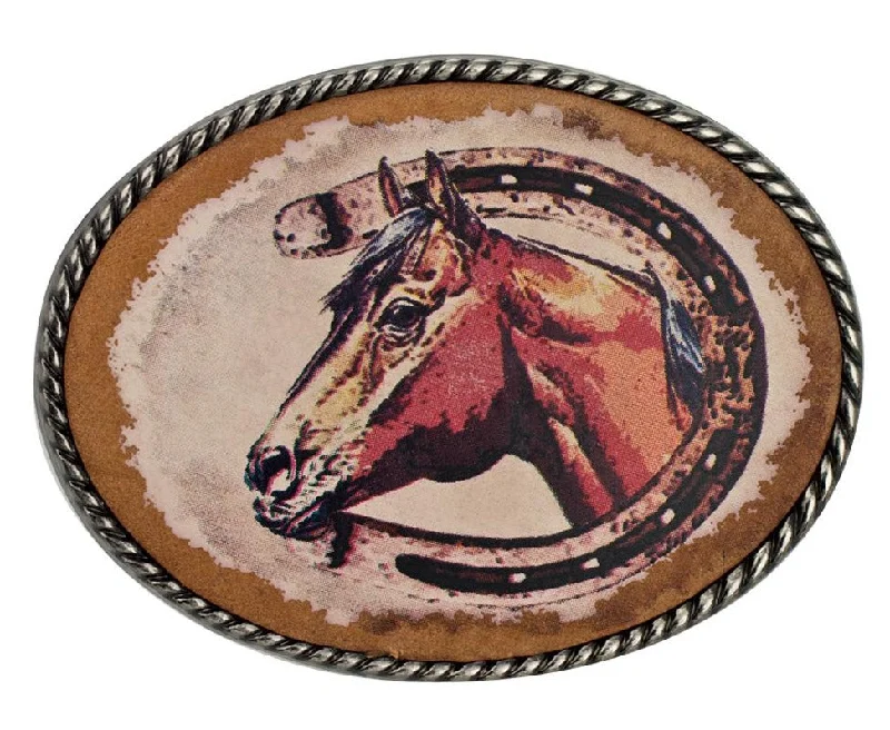 Vintage cotton striped belt-Horse and Horseshoe Leather Trophy Belt Buckle