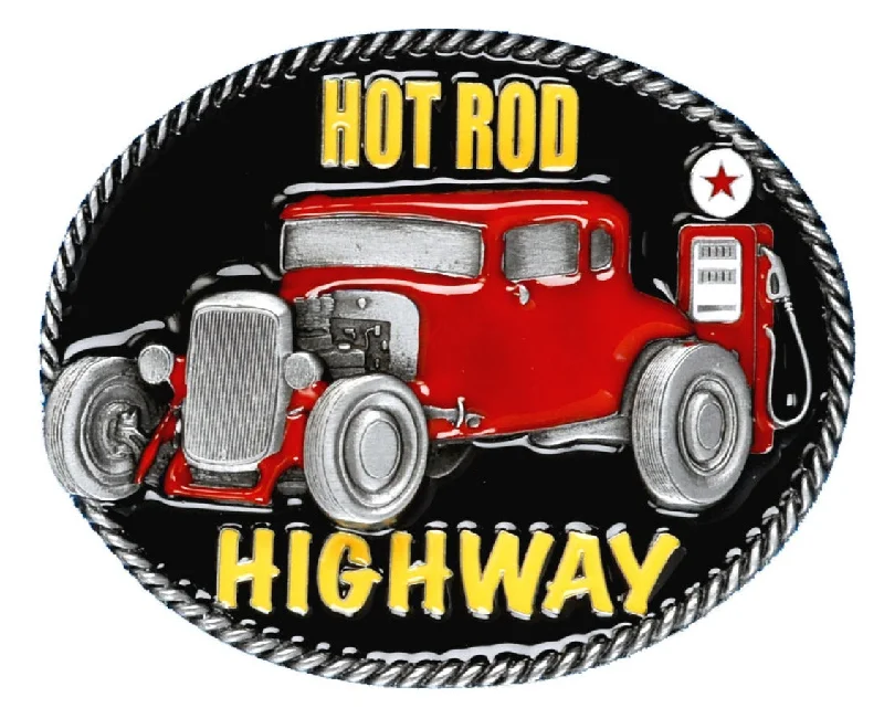 Contemporary woven fabric buckle-Hot Rod Highway Belt Buckle