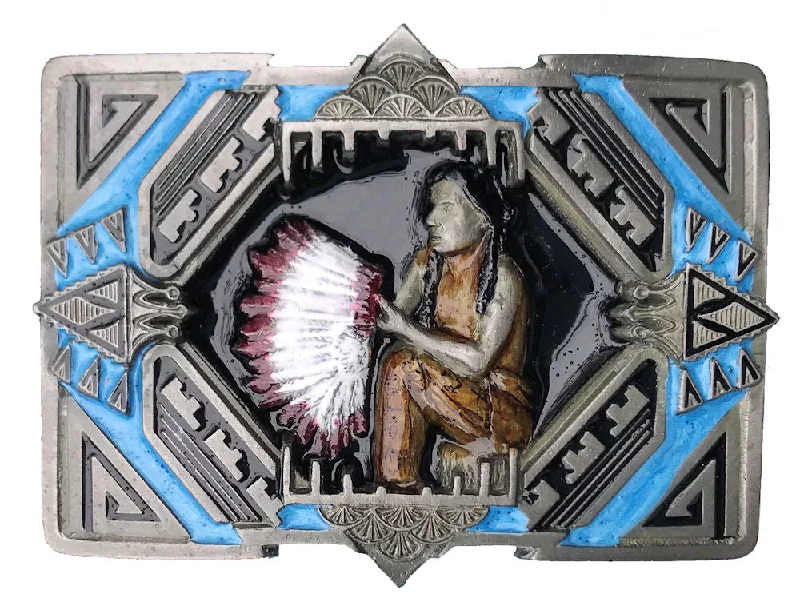 Slim leather cowboy belt-Indians Headdress Turquoise Belt Buckle