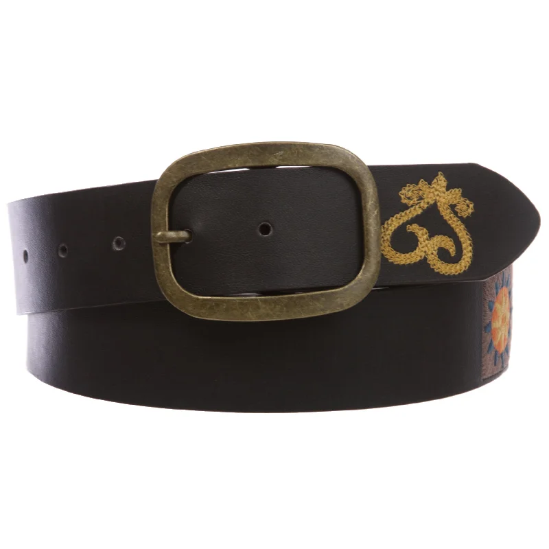 Wide leather snakeskin belt-1 1/2" Applique Embroidery Vintage Sun Shape Stitching Rectangular Buckle Belt