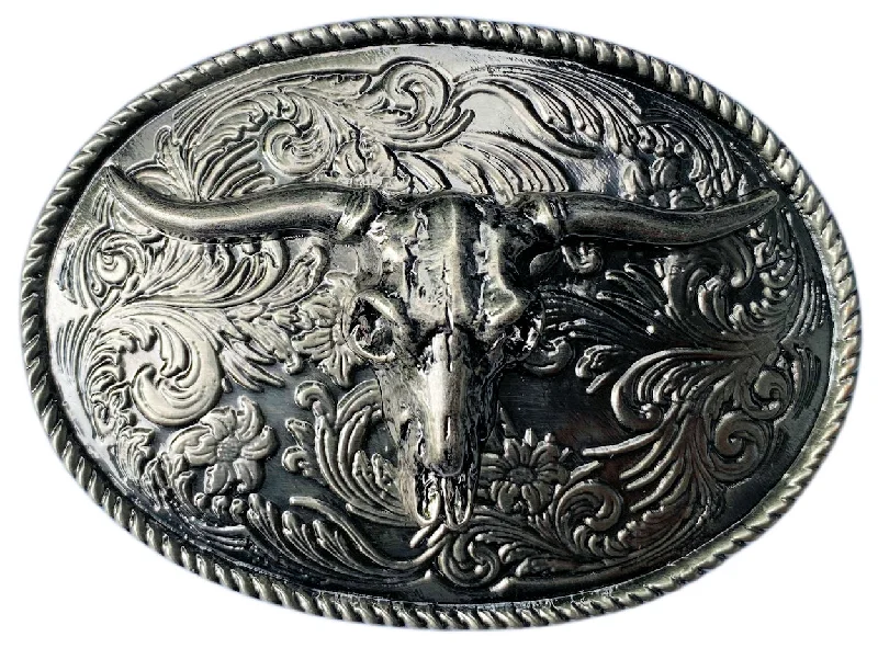 Wide genuine leather belt-Pewter Rodeo Steer Belt Buckle