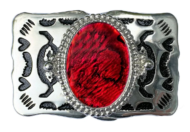 Handmade suede studded belt-Shell Silver Rectangle Red Belt Buckle