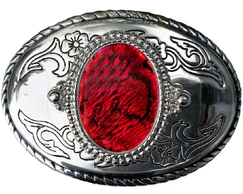 Vintage cotton floral belt-Shell Sliver Oval Red Belt Buckle