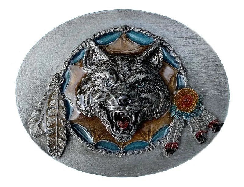 Rustic brown fabric buckle-Snarling Wolf Belt Buckle