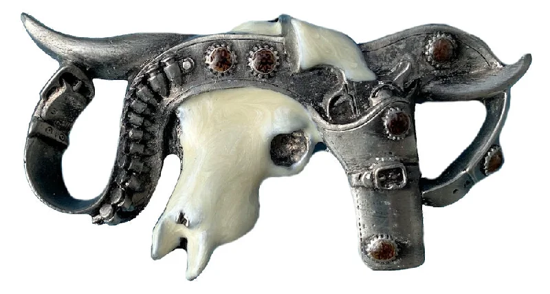 Minimalist gray suede buckle-Steer Skull Six Shooter Belt Buckle