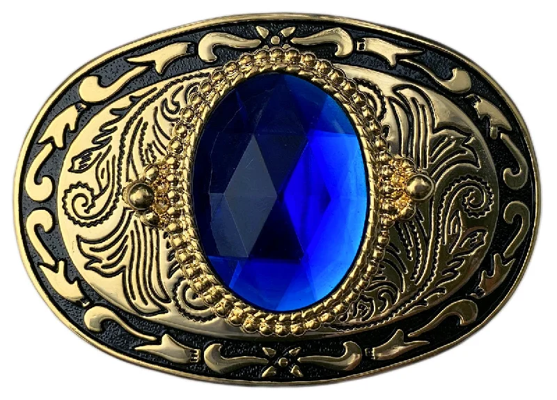 Contemporary stretch nylon buckle-Western Belt Buckle Gold Blue Stone Cabochon