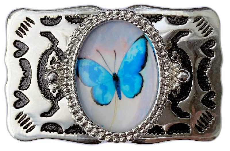 Minimalist beige canvas belt-Western Belt Buckle Silver Blue Butterfly Cabochon