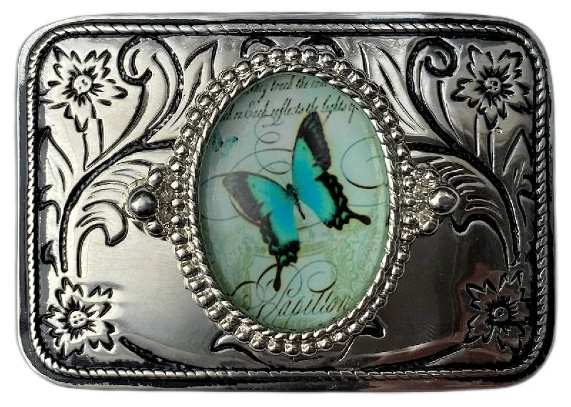 Vintage denim military belt-Western Belt Buckle Silver Blue Butterfly Cabochon