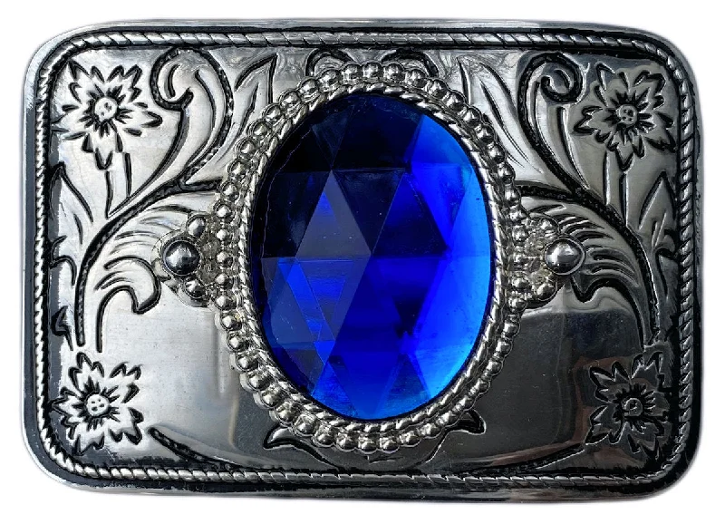 Slim patent braided belt-Western Belt Buckle Silver Rectangle Blue Stone Cabochon