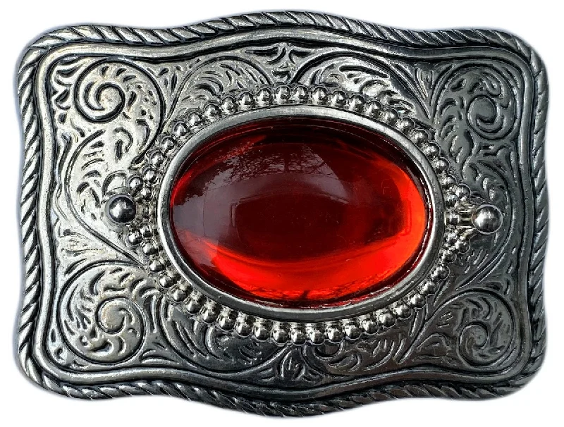 Slim patent snakeskin belt-Western Belt Buckle Silver Rectangle Red Stone Cabochon