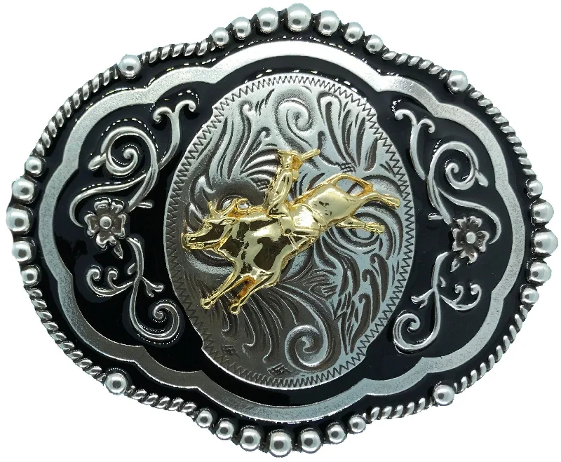 Unique brass braided buckle-Wrangler Bull Rider Black Belt Buckle