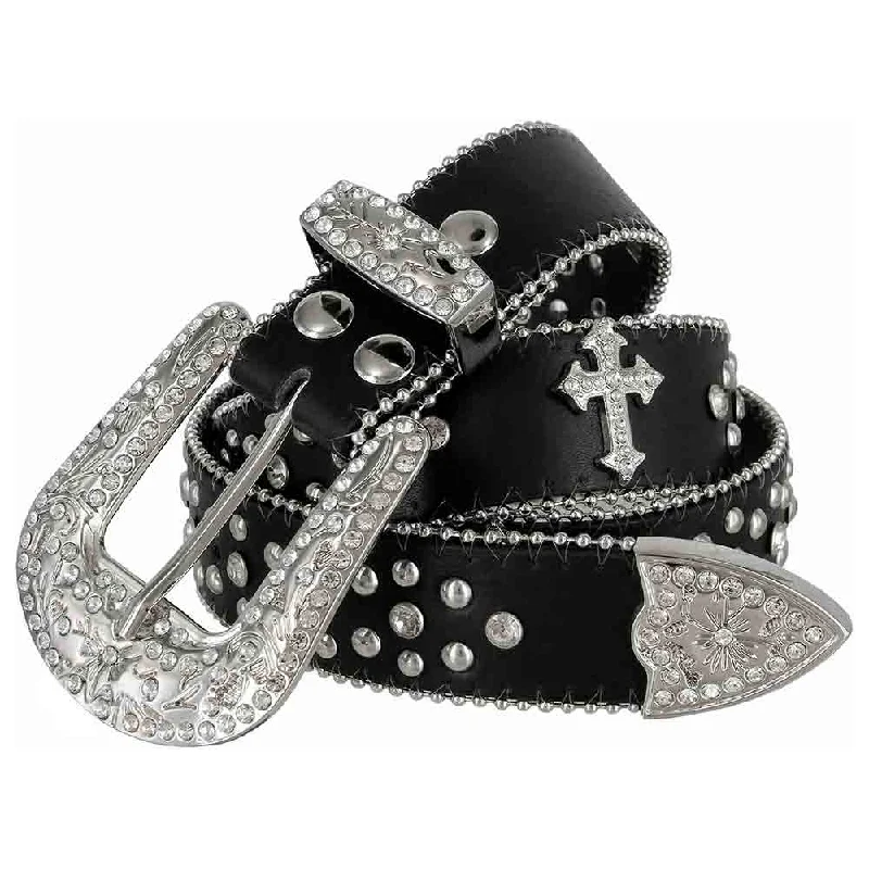 Unique brass cowboy buckle-Black Cross Stones With Studs And White Stones Studded Rhinestones Belts