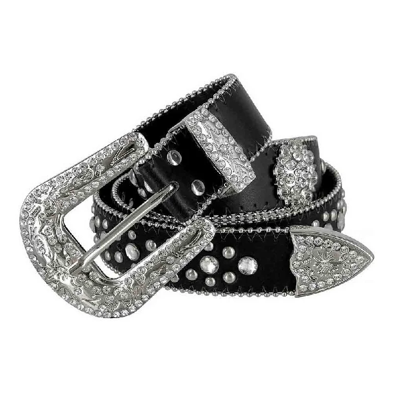 Minimalist khaki nylon belt-Black Flower With Studs And White Stones Studded Rhinestones Belts