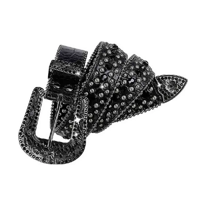 Wide canvas studded belt-Black With Studs And Black Stones Studded Rhinestones Belts