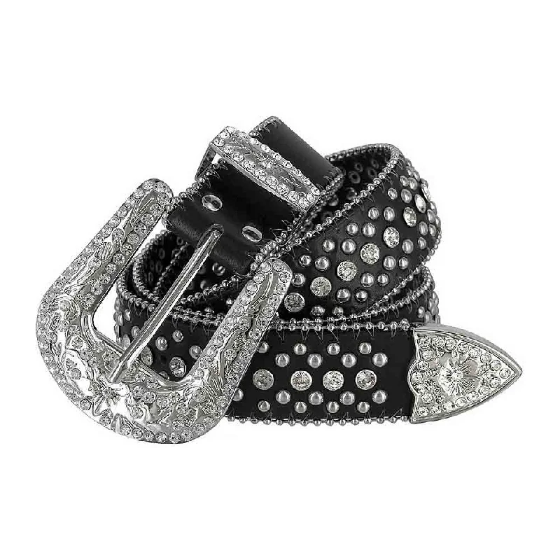 Modern black snakeskin belt-Black With Studs And White Stones Studded Rhinestones Belts