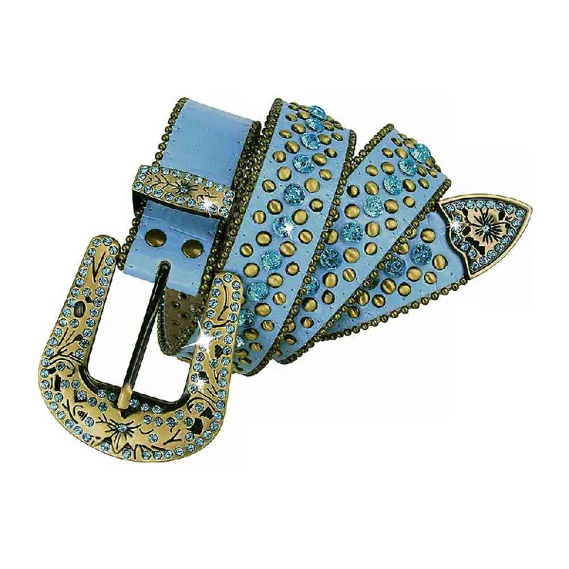 Wide leather floral belt-Blue With Studs And Blue Stones Studded Rhinestones Belts