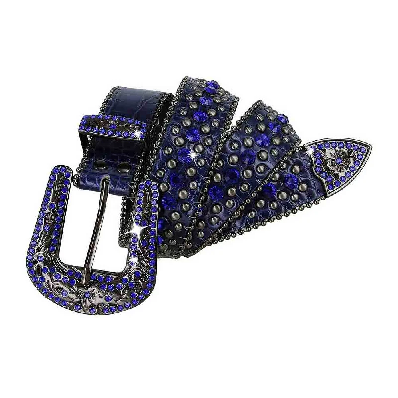 Unique reversible brown belt-Blue With Studs And Blue Stones Studded Rhinestones Belts