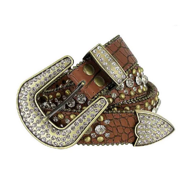 Minimalist beige leather belt-Brown With Gold Studs And White Stones Studded Rhinestones Belts