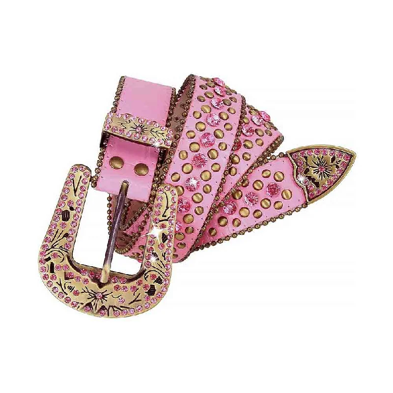 Handmade leather studded belt-Pink With Studs And Pink Stones Studded Rhinestones Belts