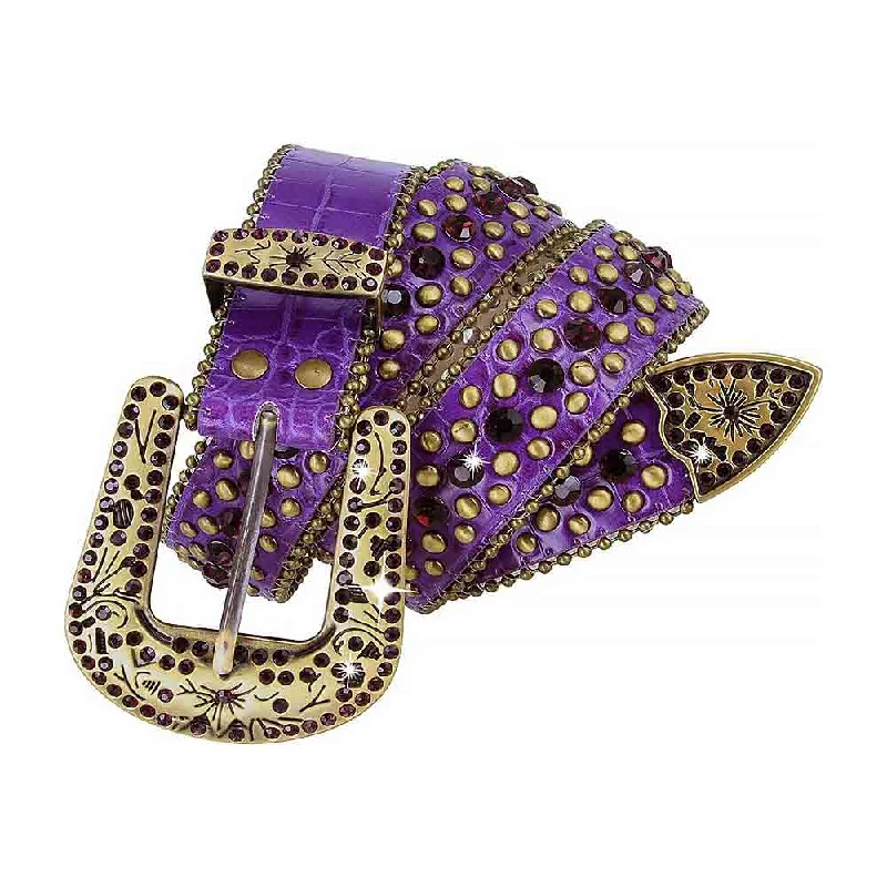 Wide leather tactical belt-Purple With Studs And Dark Purple Stones Studded Rhinestones Belts