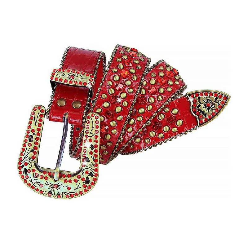 Rustic brown fabric belt-Red With Studs And Red Stones Studded Rhinestones Belts