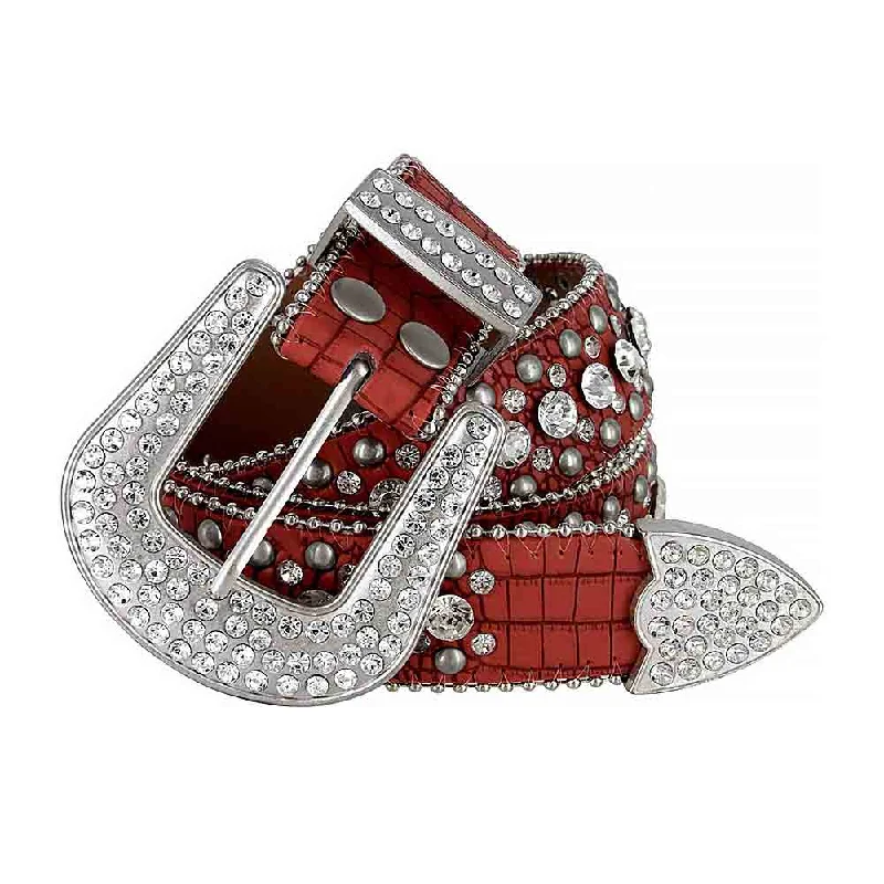 Wide nylon studded belt-Red With Studs And White Stones Studded Rhinestones Belts