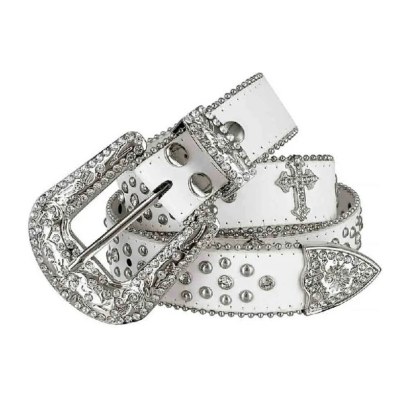 Wide leather cowboy belt-White Cross Stones With Studs And White Stones Studded Rhinestones Belts