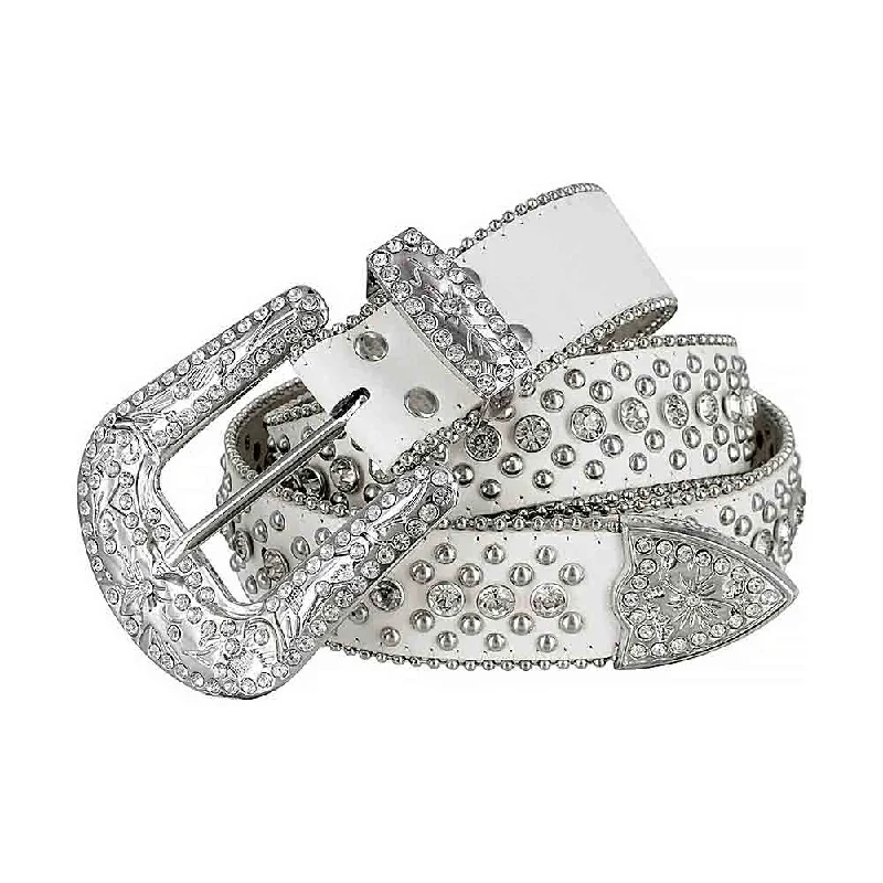 Modern gold leather buckle-White With Studs And White Stones Studded Rhinestones Belts