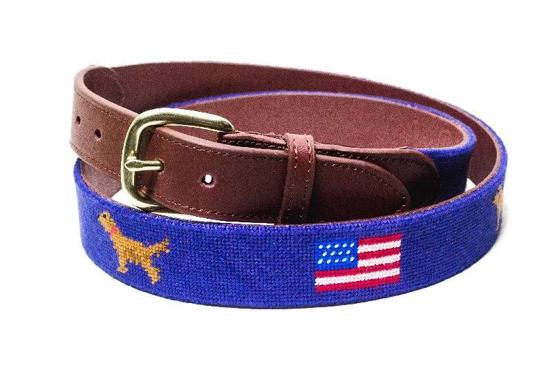 Contemporary elastic studded belt-AMERICAN FLAG GOLDEN RETRIEVER NEEDLEPOINT BELT™