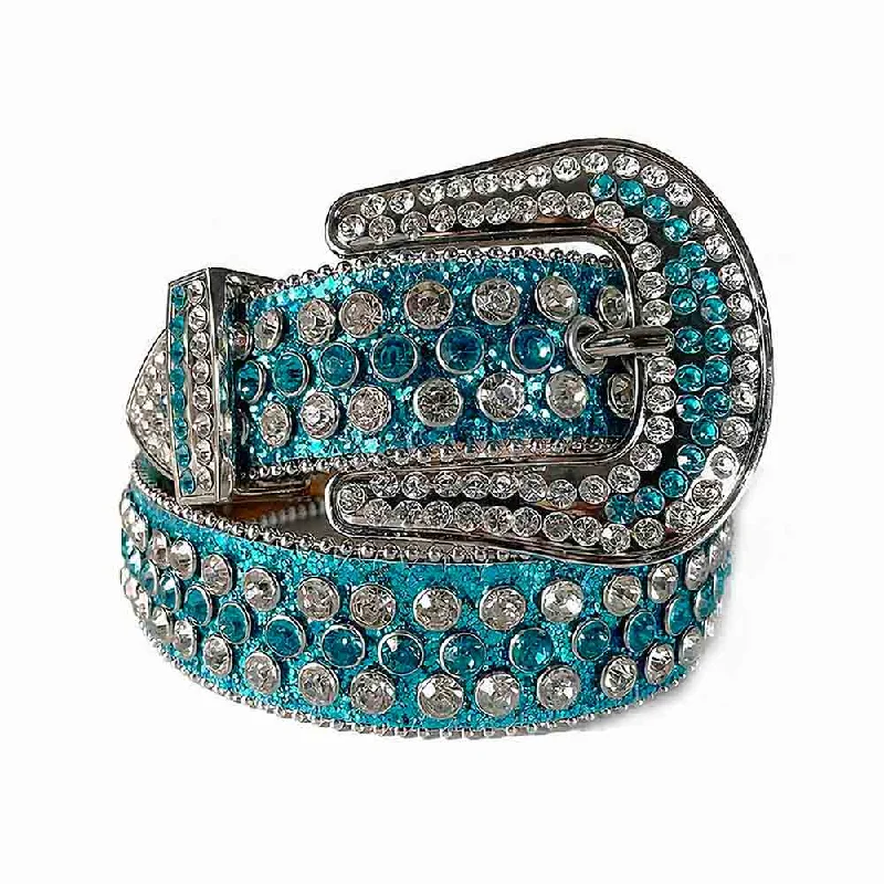 Minimalist gray nylon belt-Aqua Blue Turquoise Strap With Diamond White & Aqua Blue Studded Rhinestone Belt