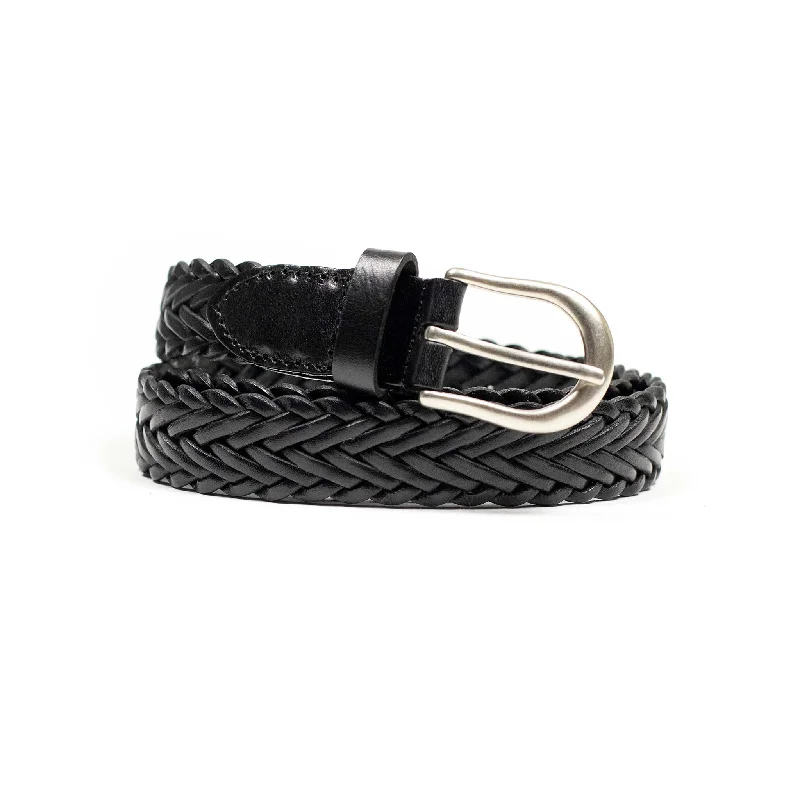 Modern silver leather belt-Woven belt in black leather