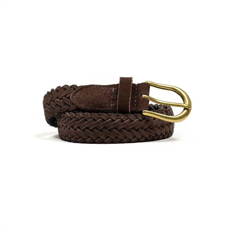 Wide leather floral belt-Woven belt in dark brown suede