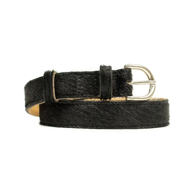 Elegant black leather buckle-One-inch belt in natural black hair-on calf (restock)