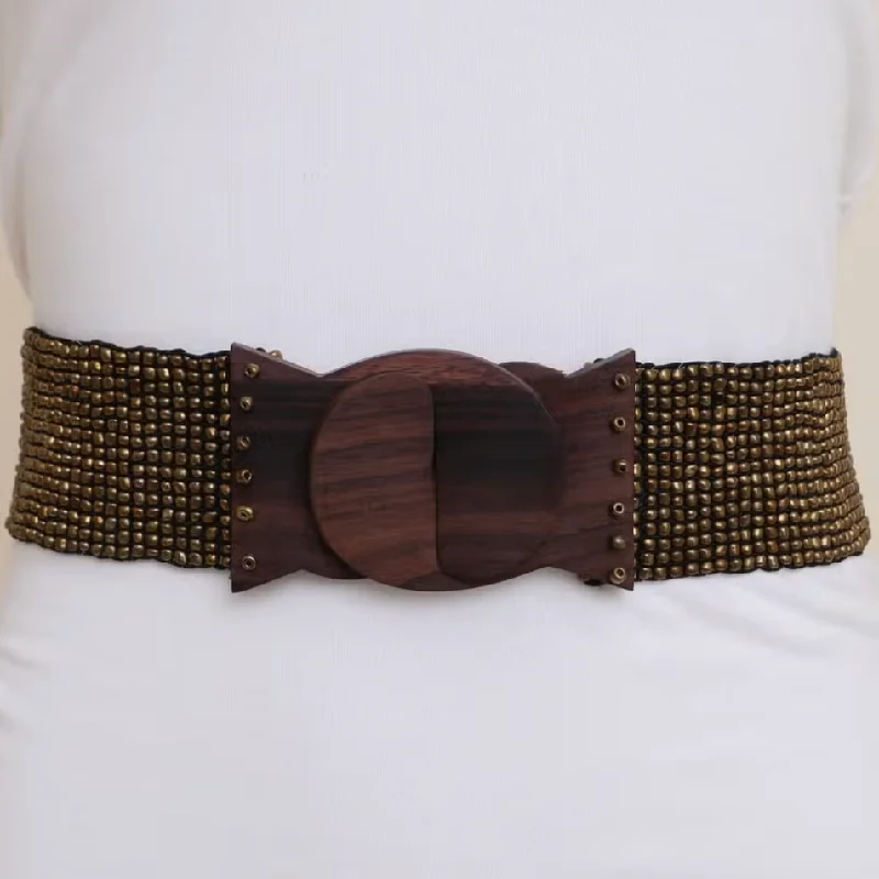 Slim suede embossed belt-Berkley Gold Beaded Wooden Buckle Belt