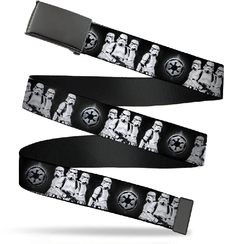 Minimalist gray fabric buckle-Black Buckle Web Belt - Star Wars Stormtrooper Group Pose/Galactic Empire Insignia Black/Grays Webbing