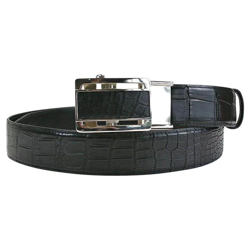 Elegant navy leather buckle-Black Stomach Crocodile Belt