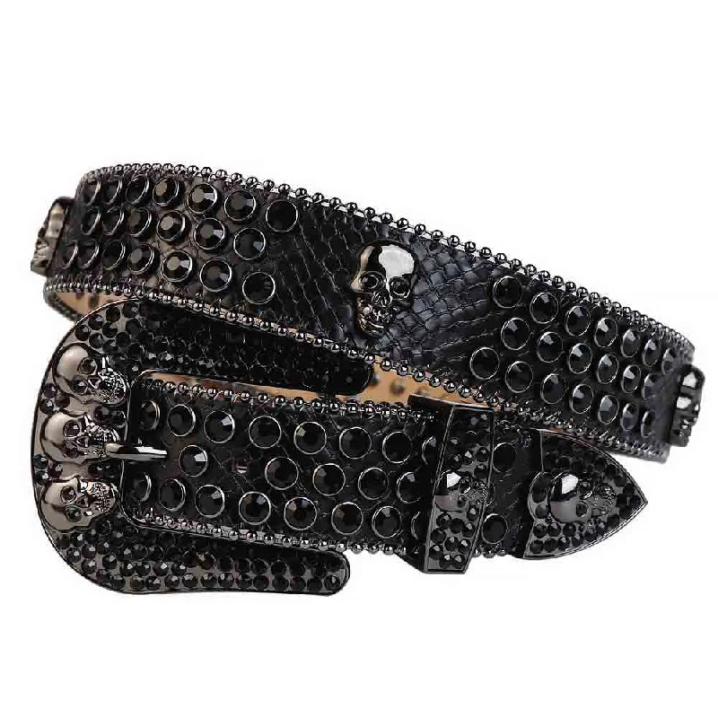 Elegant black suede buckle-Black Strap With 7 Skulls Black Studded Rhinestone Belt