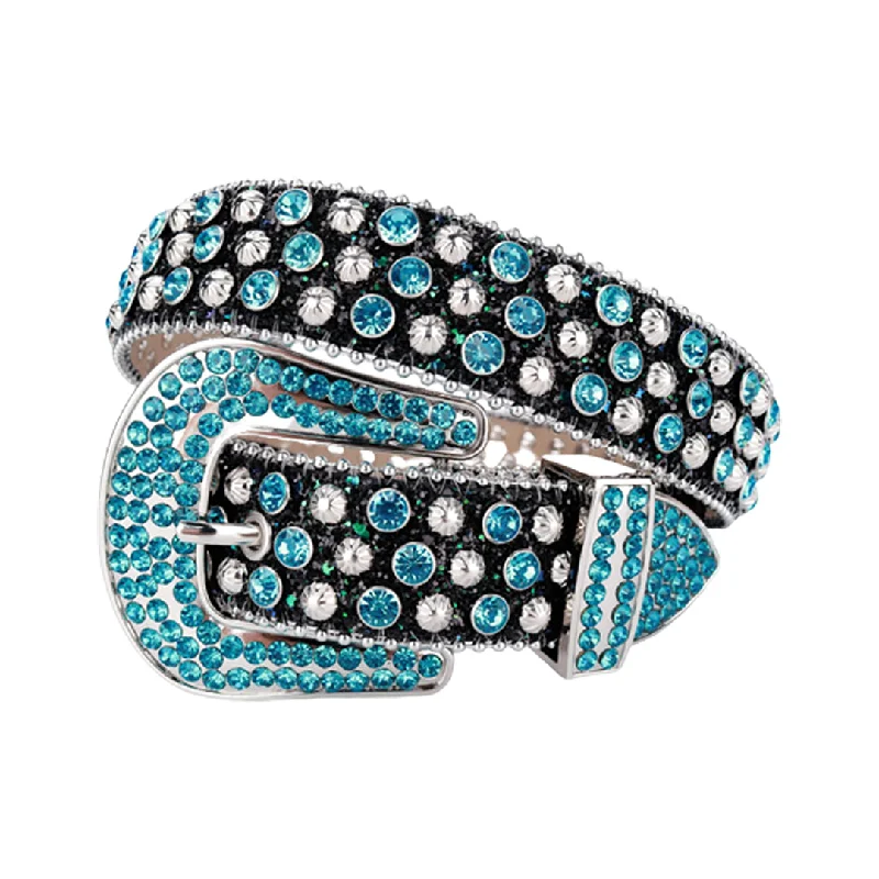 Vintage cotton braided belt-Black Strap With Aqua & Crystal Rhinestone Belt