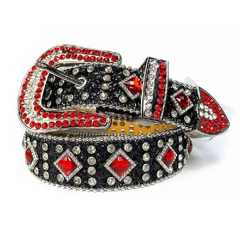 Slim leather embossed belt-Black Strap With Big Red & Transparent Studded Rhinestone Belt