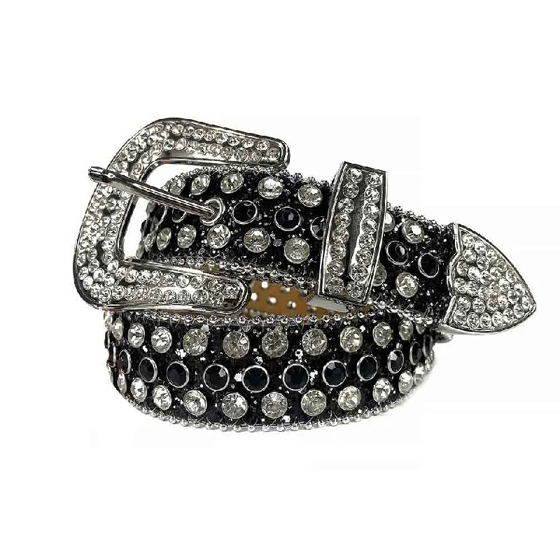 Wide canvas cowboy belt-Black Strap With Black & Diamond White Studded Rhinestone BB Belt