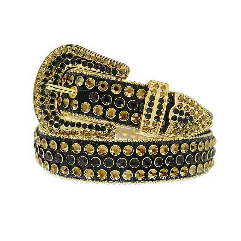 Contemporary elastic woven belt-Black Strap With Black & Gold Studded Rhinestone Belt