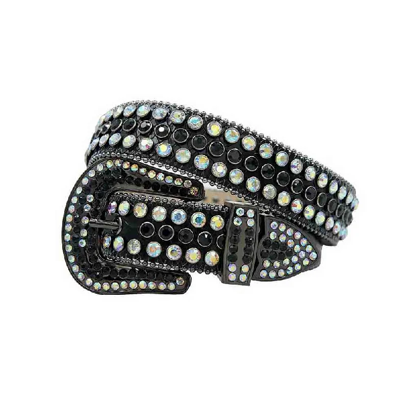 Elegant gold leather belt-Black Strap With Black & Multi Color Studded Rhinestone Belt